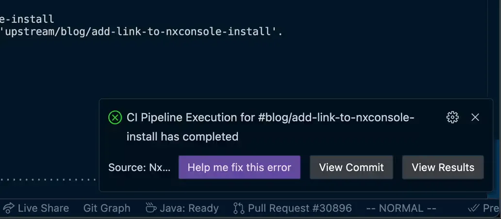 Nx Console shows the notification of the CI failure