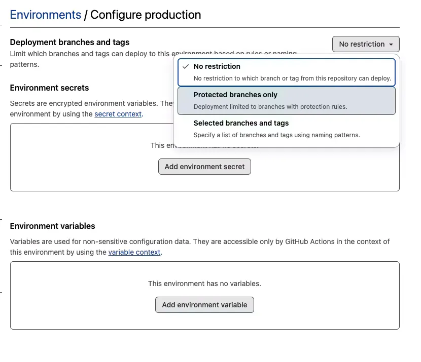 Select protected branches for the environment restriction configuration