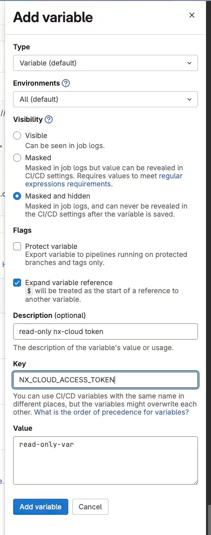 add read-only nx cloud access token to gitlab