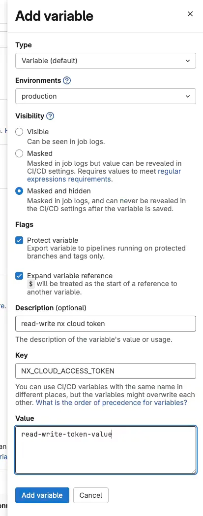 add read-write nx cloud access token to gitlab