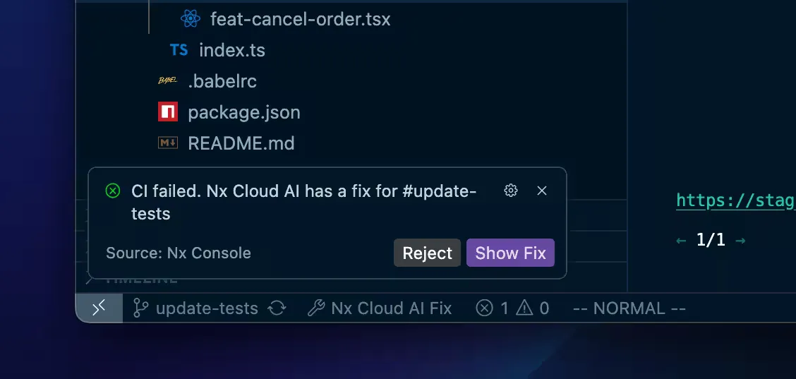 Notification in your editor about an AI fix