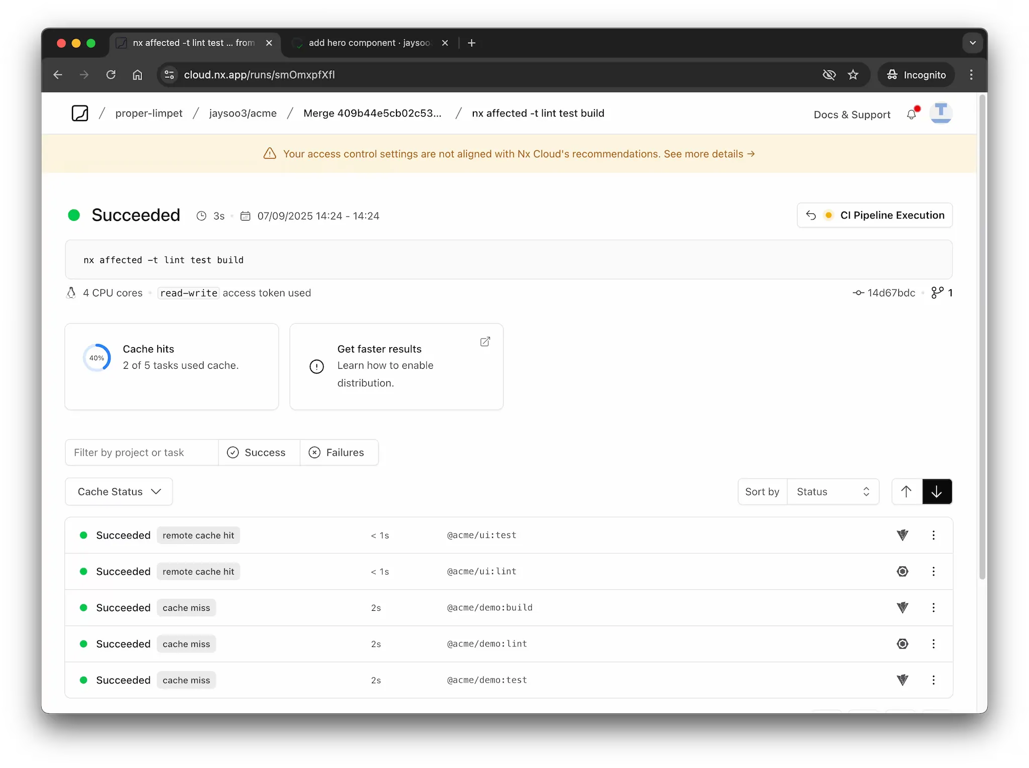 Nx Cloud run showing remote cache hits