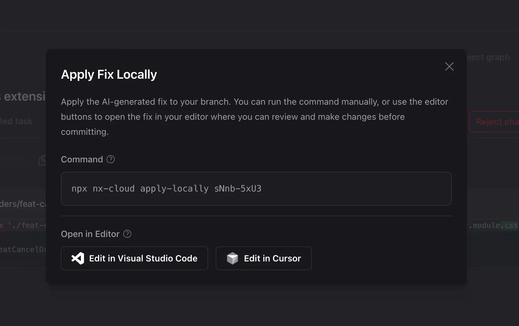 Screenshot of the dialog in the Nx Cloud app showing the nx-cloud apply-locally command