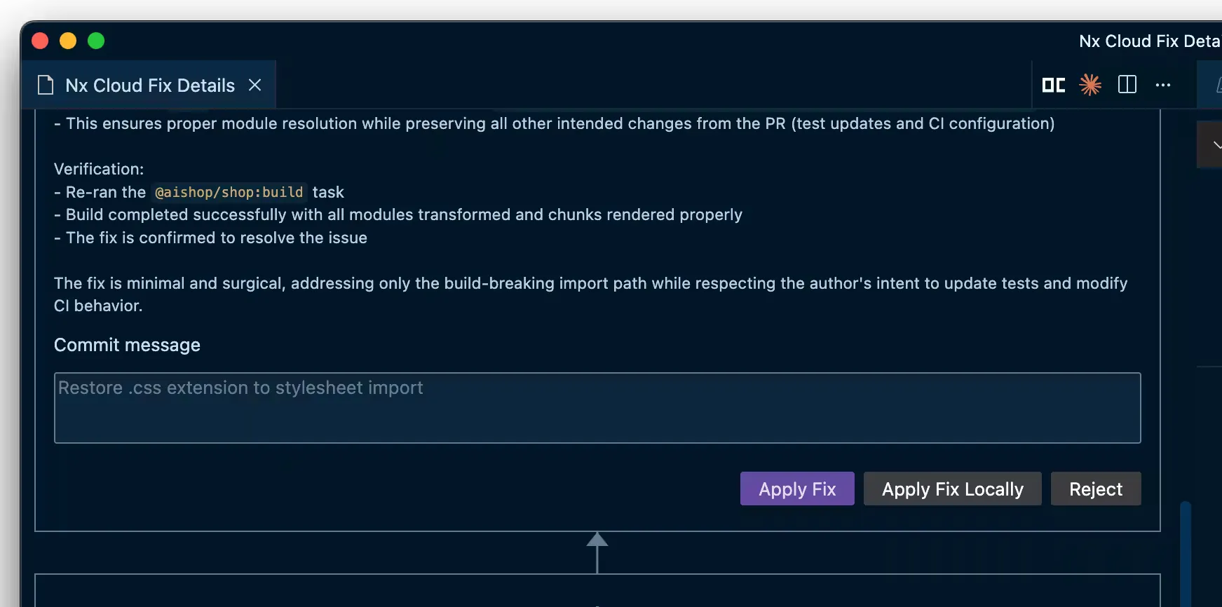 Apply the fix directly from within Nx Console