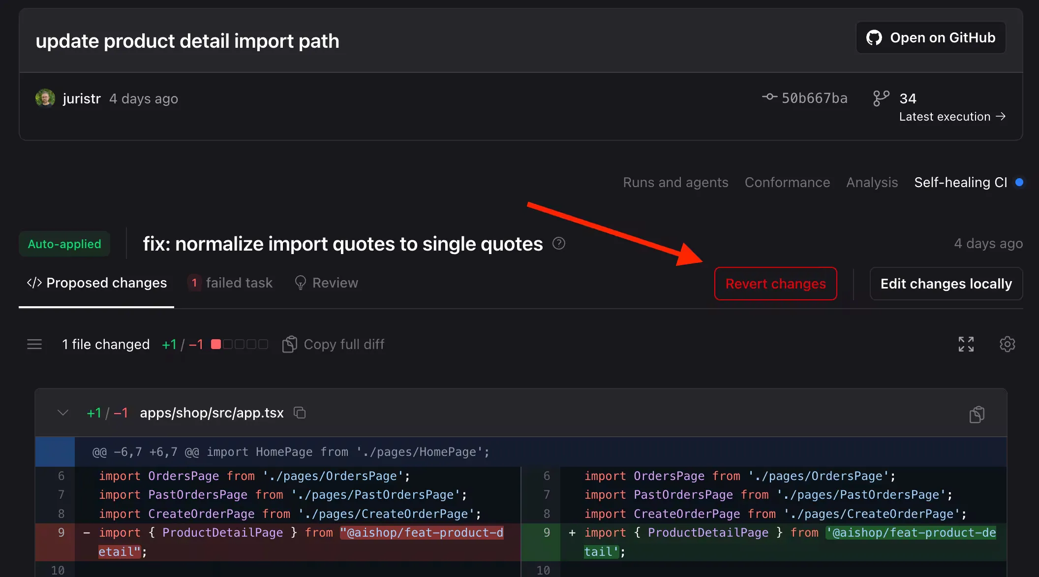 Nx Cloud Self-healing CI page showing the revert action