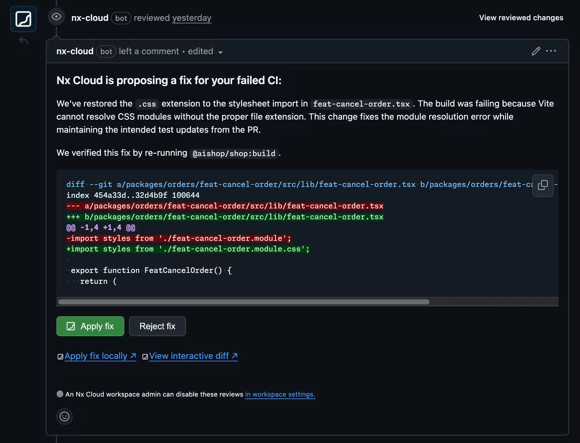 Self-healing CI fix showing up in GitHub comments