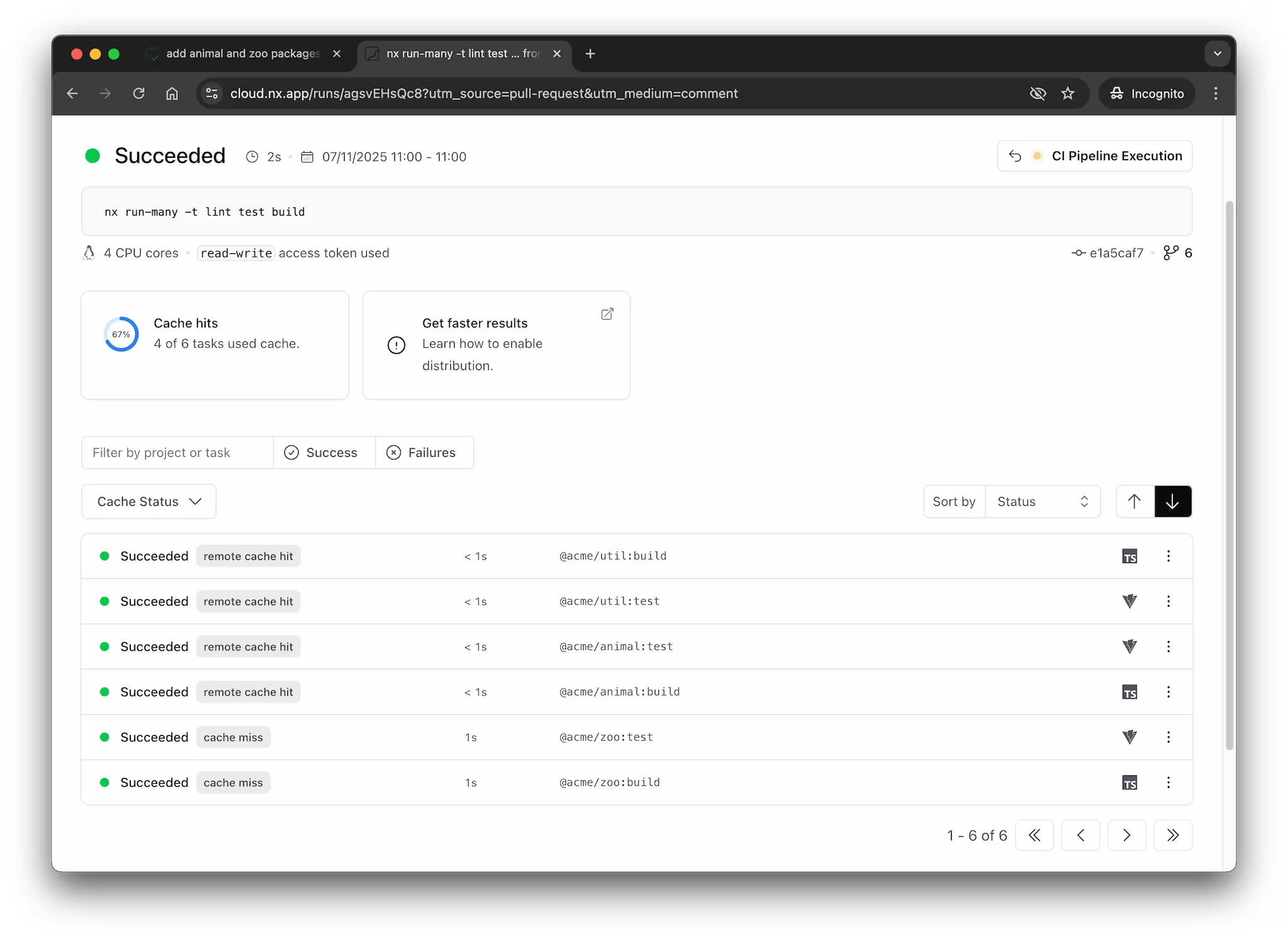 Nx Cloud run showing remote cache hits